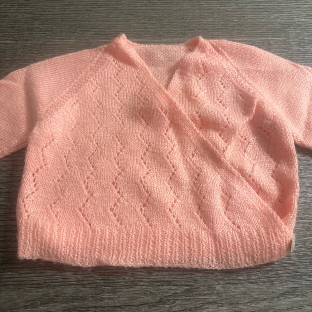 Vintage 70s Baby Girl's Handmade Crochet Knit Sweater coral Pink
